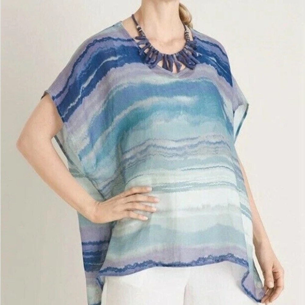 Chico's Mineral Wash Stripe Aqua Blue LINEN Topper Beach Coverup Poncho L XL